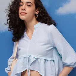 CORSICA Striped Mandarin Collar Empire Crop Top-picture-30