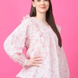 JAKANARY Ethnic Motifs Print Ruffle Puff Sleeve Cotton Top image 2