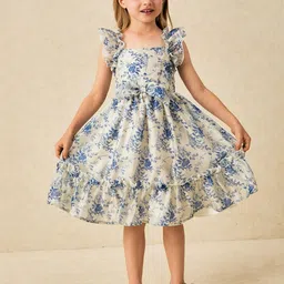 BAESD Girls Floral Printed Square Neck Flutter Sleeves Bow Detail Fit and Flare Dress-picture-12