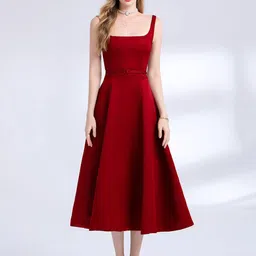 JC Collection Women Solid Square Neck Fit & Flare Midi Dress-image-0