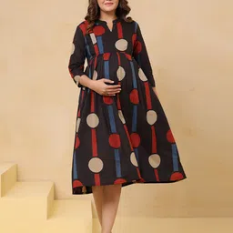 CRAFIQA Women Maternity Geometric Printed Mandarin Collar Fit & Flare Midi Dress-picture-16