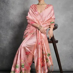 HERE&NOW Floral Printed Silk Cotton Tussar Saree With Blouse Piece image 4