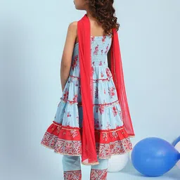 Biba Girls Floral Printed Pleated Pure Cotton Anarkali Kurta with Trousers & Dupatta image 3