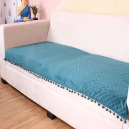 Turquoise Blue Solid Velvet 2 Seater Quilted Sofa Cover (Protector) with Pompom-image-10