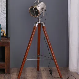 pristine interiors Silver Metal Shade Tripod Floor Lamp with Brown Base image 2