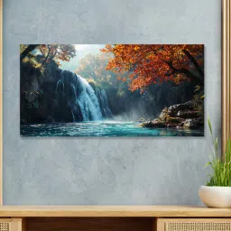 nestroots Canvas Framed Autumn Serenity Forest Waterfall Escape Wall Painting(12X24 Inch)-picture-35
