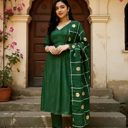 SZN Striped V-Neck Straight Pure Cotton Kurta With Trousers And Dupatta image 5