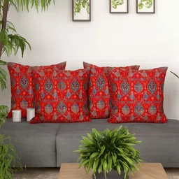 ZEBA Red & Grey 4 Pieces Floral Embroidered Square Cushion Covers-image-30