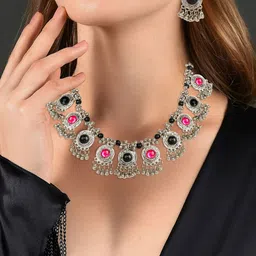 Oxidized Heaven Silver Plated Artificial Stone Studded & Beaded Necklace & Earrings-image-25