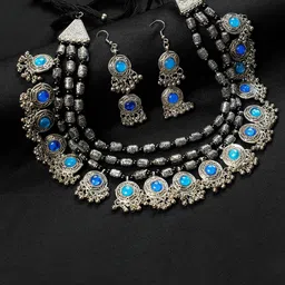 Oxidized Heaven Sterling Silver-Plated Textured Stone Studded & Beaded Jewellery Set-picture-22