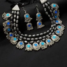 Oxidized Heaven Sterling Silver-Plated Stone Studded & Beaded Jewellery Set-picture-27
