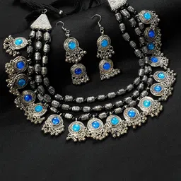 Oxidized Heaven Sterling Silver-Plated Stones Studded & Beaded Layered Jewellery Set-picture-17