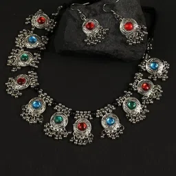 Oxidized Heaven Sterling Silver-Plated Stone Studded & Beaded Jewellery Set-picture-13
