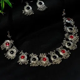 Oxidized Heaven Sterling Silver-Plated Stone-Studded & Beaded Jewellery Set-picture-40