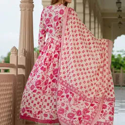 KALINI Floral Printed Anarkali Pure Cotton Kurta With Trousers & Dupatta image 4