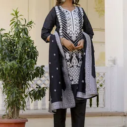 Twika Floral Embroidered Gotta Patti Work Straight Kurta With Trousers & Dupatta image 2