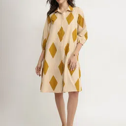 Pink Fort Women A-Line Cotton Geometric Shirt Midi Dress-image-2