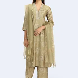 COTTON CULTURE Women Ethnic Motifs Woven Design V-Neck Kurta With Palazzos & Dupatta-image-95
