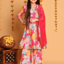 BAESD Girls Floral Printed Angrakha Gotta Patti Kurta Set-picture-12