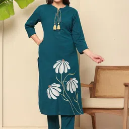 FLAMBOYANT Women Floral Embroidered Regular Pure Cotton Kurta with Trousers-image-63