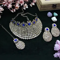 VATSALYA creation Women Blue Silver-Plated Artificial Stones Jewellery Set With Maang Tika-picture-23