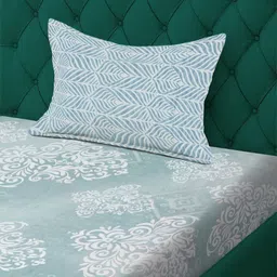 Aura Green & White Ethnic Motifs Printed 300 TC Single Bedsheet Set- 2.25 m X 1.50 m image 2