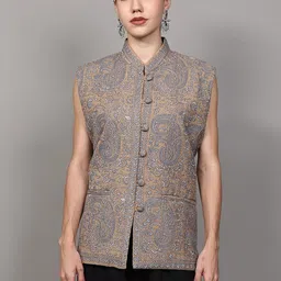 Exotic India Women Geometric Woollen Crop Open Front Jacket with Embroidered-picture-12