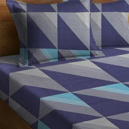 WEAVE AND DECOR Navy Blue Geometric Microfiber 300 TC King Fitted Bedsheet Set-1.98mx1.98m image 3