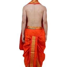 Exotic India Ready to Wear Dhoti and Angavastram Set with Woven Golden Leaves Border image 3