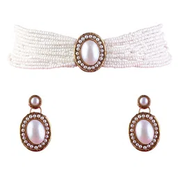 SHONA'S STYLE Gold-Plated Artificial Stone Studded & Pearls Beaded Choker Jewellery Set image 2