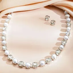 Rubans Rhodium-Plated Cubic Zirconia stone-studded & Pearls-Beaded Jewellery Set-picture-40