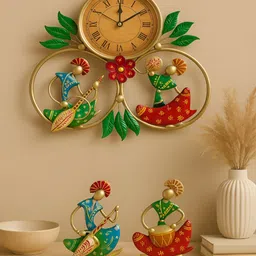 MAA BHAWANI HANDIKRAFTS Gold Toned & Green Round Musician Wall Hanging Clock-picture-16