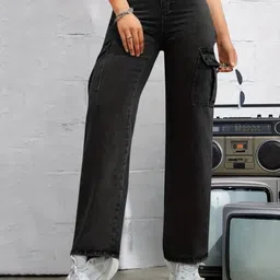 Crazeis Women Comfort High Rise Straight Fit Stretchable Cargo Jeans-picture-20