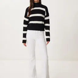 Happiness istanbul Women High Neck Long Sleeves Striped Print Pullover image 5