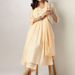 KALINI Women Ethnic Motifs Embroidered Empire Thread Work Pure Cotton Kurta with Trousers & With Dupatta image 2