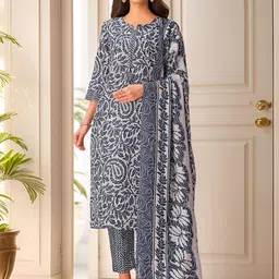 Banwaree Floral Printed Straight Thread Work Pure Cotton Kurta With Trousers & Dupatta-picture-20