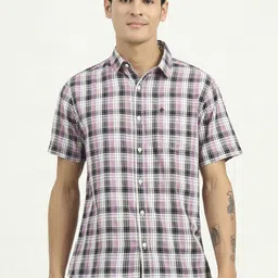 Greenfibre Tartan Checked Cutaway Collar Short Sleeves Slim Fit Cotton Shirt-picture-26