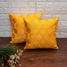 RoyalDeco Yellow & Gold-Toned 2 Pieces Ethnic Motifs Brocade Silk Square Cushion Covers-image-21