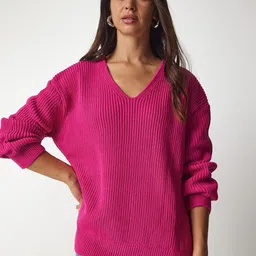Happiness istanbul Women V-Neck Ribbed Long Sleeves Pullover-picture-19