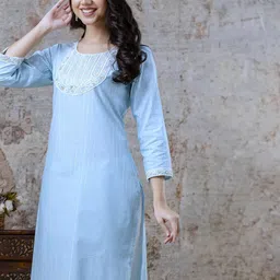 AUZAAI COLLECTION Pack Of 2 Embroidered Round Neck Thread Work Pure Cotton Straight Kurta image 5