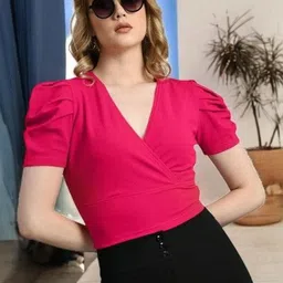 BAESD Women V-Neck Puff Sleeve Wrap Crop Top-image-53