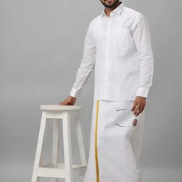 Viveagham Men Pack of 2 Pure Cotton Single Layer Gold Zari Work Dhotis image 2