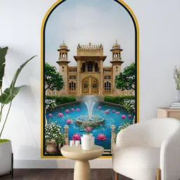 Myntra Elegant Homes Blue & Pink Indian Palace With Pond Printed Decorative Wall Paper-picture-10