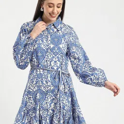 R&B Women Bohemian Print Shirt Collar Bishop Sleeve Gathered or Pleated Shirt Dress-picture-14