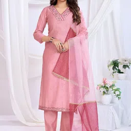 SUAAC Women Floral Yoke Design Regular Thread Work Kurta with Trousers & With Dupatta-image-13