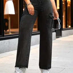 Glossia Women Comfort Regular Fit High-Rise Light Fade Acid Wash Stretchable Cargo Jeans-image-21