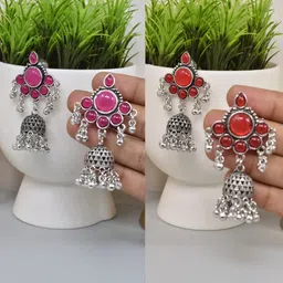 MEIRA JEWELLERY Set Of 2 German Silver-Plated Stones Studded Oxidised Dome Shaped Jhumkas-image-82