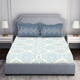 SPACES Blue & White Floral 144 TC King Bedsheet with 2 Pillow Covers-picture-34