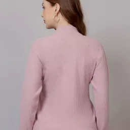 FEVERFEW Women Striped Woollen Cardigan with Zip Detail Detail image 4