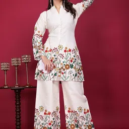 P.F. INDUSTRIES Women Floral Embroidered Regular Thread Work Pure Cotton Kurta with Palazzos-picture-39